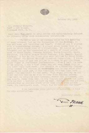 Item #310487 Typed letter signed "Louis Mann" (to Seymour Halpern) in response to Halpern's...