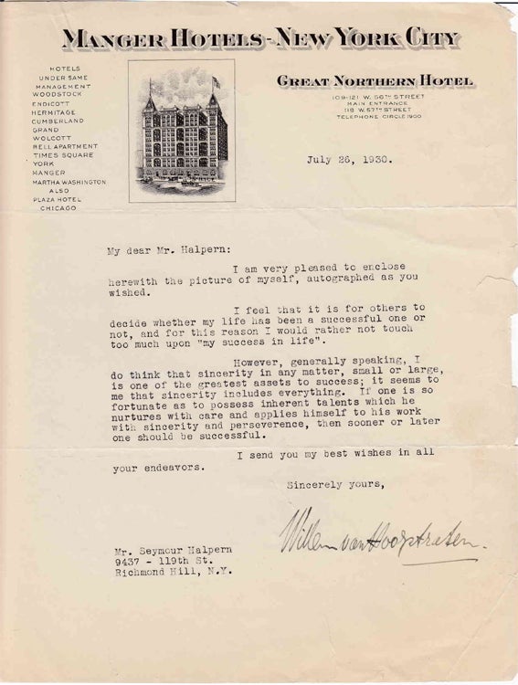 Item #310488 Typed letter signed "Willem van Hoogstraten" to "Mr. Halpern" (Seymour Halpern) in response to Halpern's inquiry regarding the keys to success. Violinist, Conductor.