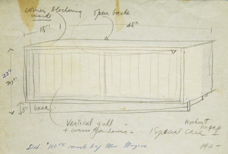Pencil Sketch of walnut cabinet for Nakashima with deposit of $100 by Mrs. Meyers attested to on drawing in pen. WITH: 2 page Price List for Nakashima Furniture. dated May 1, 1957. WITH: "Notes on the Care of Furniture" in 6 part folio fold-out, in an addressed envelope dated May, 1955