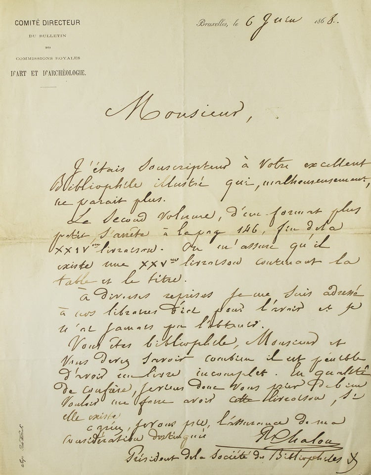 Item #310568 Autograph Letter Signed ("R Chalon"), to an editor of Bibliophile Illustré ("Monsieur"). Renier Chalon.