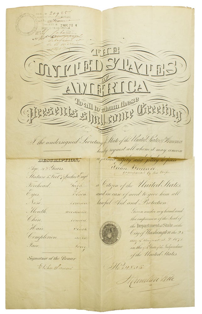 Item #310576 Passport document of Elihu Smead, signed by Fish as Secretary of State. Hamilton Fish.