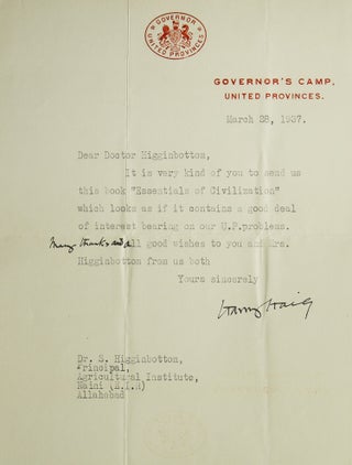 Item #310577 TLS. To Dr. S. Higginbottom, thanking him for a book. Harry Graham Haig