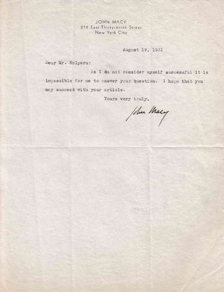 Item #310605 Typed letter signed "John Macy" (John Albert Macy) to "Mr. Halpern" (Seymour...