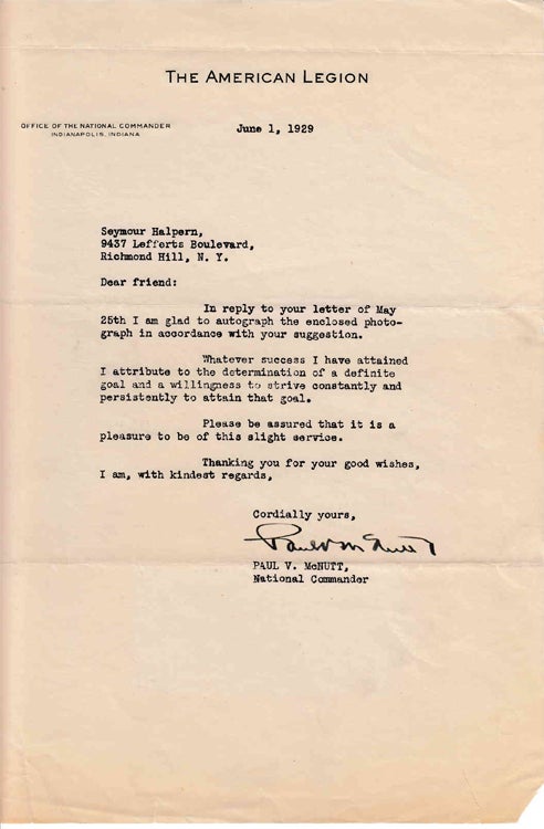 Item #310609 Typed letter signed "Paul V McNutt" to "Dear Friend" (Seymour Halpern) in response to Halpern's inquiry regarding the key to success in life. Indiana Governor, Paul V. McNutt.