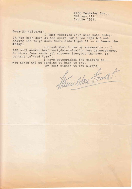 Item #310612 Typed letter signed "Hamilton Forrest" to "Mr. Halpern" (Seymour Halpern) in response to Halpern's inquiry regarding the key to success in life. Composer, Hamilton Forrest.