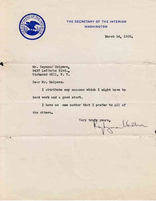 Item #310613 Typed note signed "Ray Lyman Wilbur" to "Mr. Halpern" (Seymour Halpern) in response...