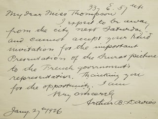 Item #310721 Autograph Letter, signed (“Very sincerely Arthur B. Davies”), to Florence...