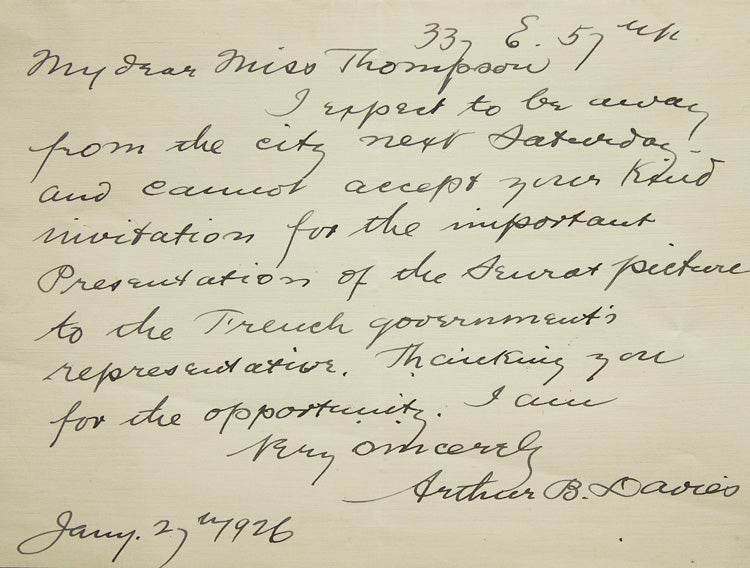 Item #310721 Autograph Letter, signed (“Very sincerely Arthur B. Davies”), to Florence Thompson. Georges Seurat, Arthur B. Davies, John Quinn.