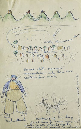 Autograph letter, signed (“W.K.”), illustrated with ink, pencil and watercolor drawings, about mosquitoes on Long Island