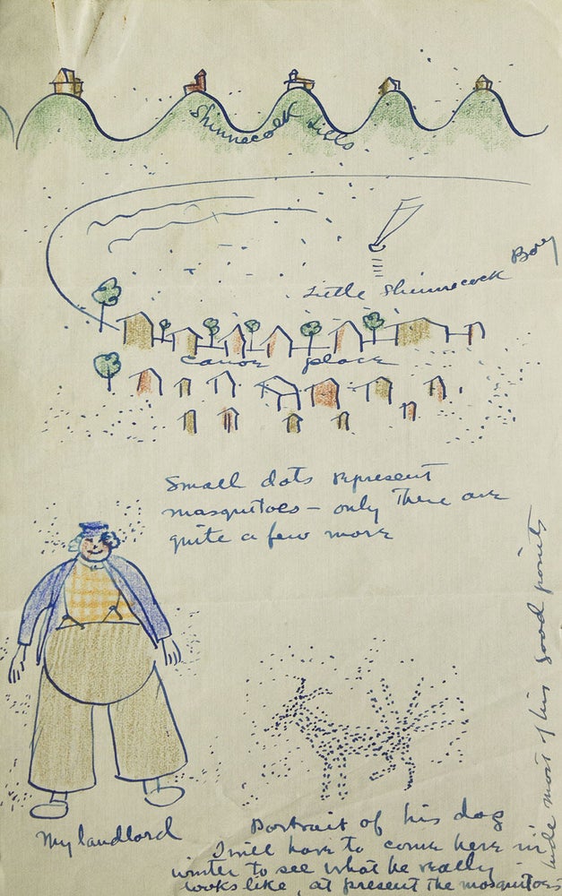 Autograph letter, signed (“W.K.”), illustrated with ink, pencil and watercolor drawings, about mosquitoes on Long Island