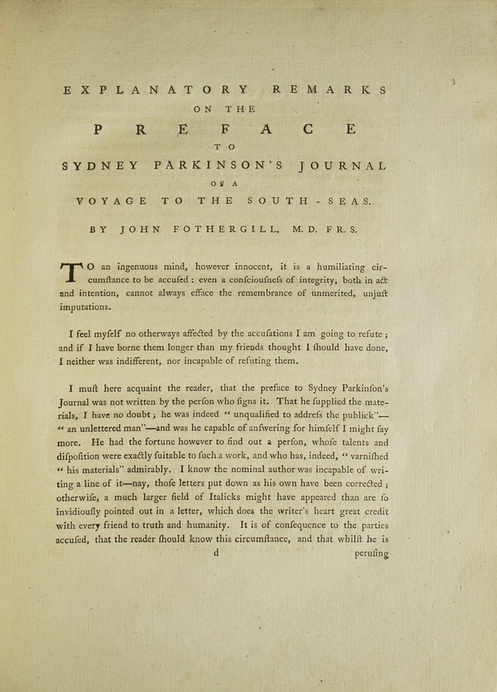 A Journal of a Voyage to the South Seas, in His Majesty's Ship, The Endeavour. Faithfully transcribed from the papers of the late Sydney Parkinson, Draughtsman to Joseph Banks, Esq. on his late expedition with Dr. Solander, round the World. Embellished with views and designs, delineated by the Author, and engraved by capital artists
