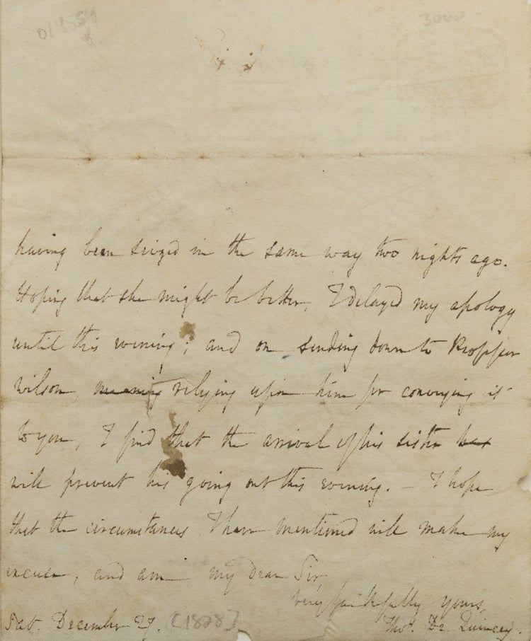 Item #311132 Autograph Letter Signed ("Thos. De Quincey"), to "My Dear Sir" Thomas De Quincey.