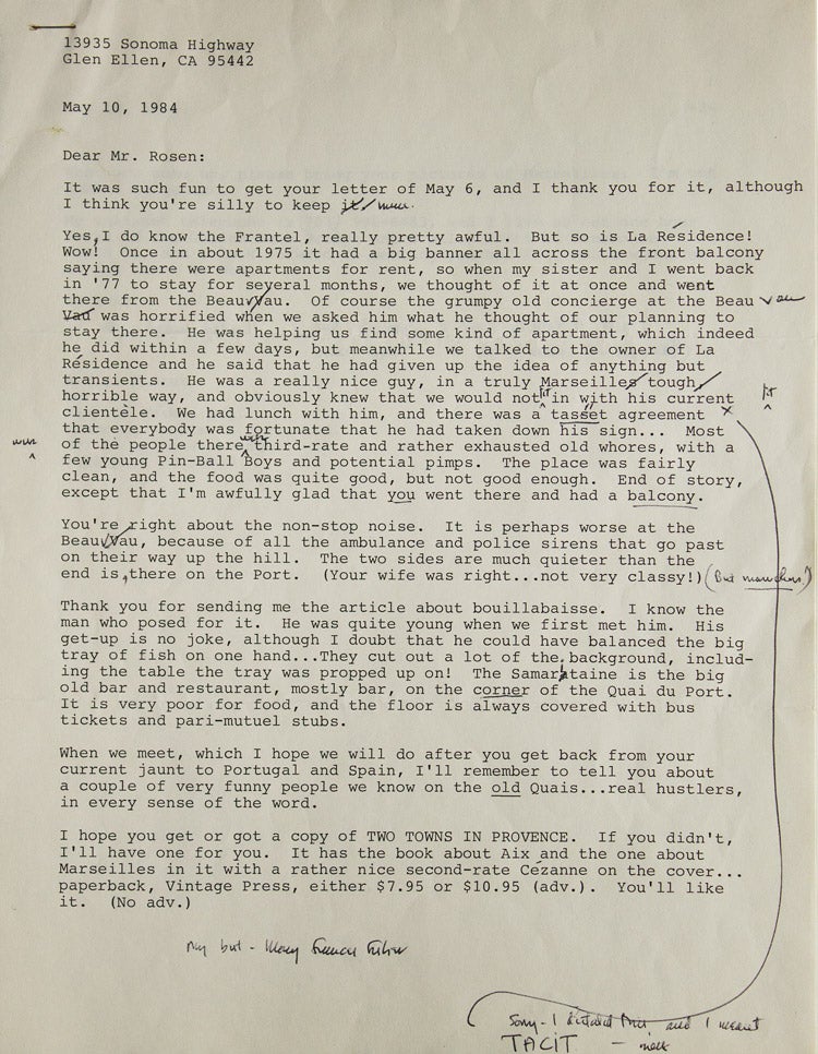 Collection of 7 Typed Letters Signed ("Mary Frances," "MFKFisher," "MFKF") to Maurice Gordon or his wife Dorothy, with an enclosed recipe for Moroccan Chermoula