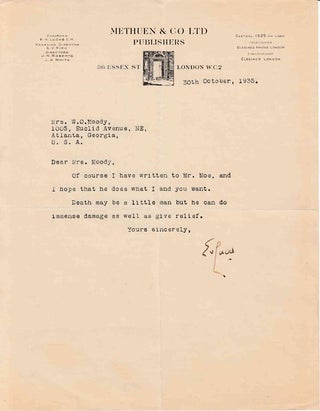 Item #311194 Typed Autograph Letter Signed "E.V. Lucas" (Edward Verrall Lucas) to "Mrs. Moody"...