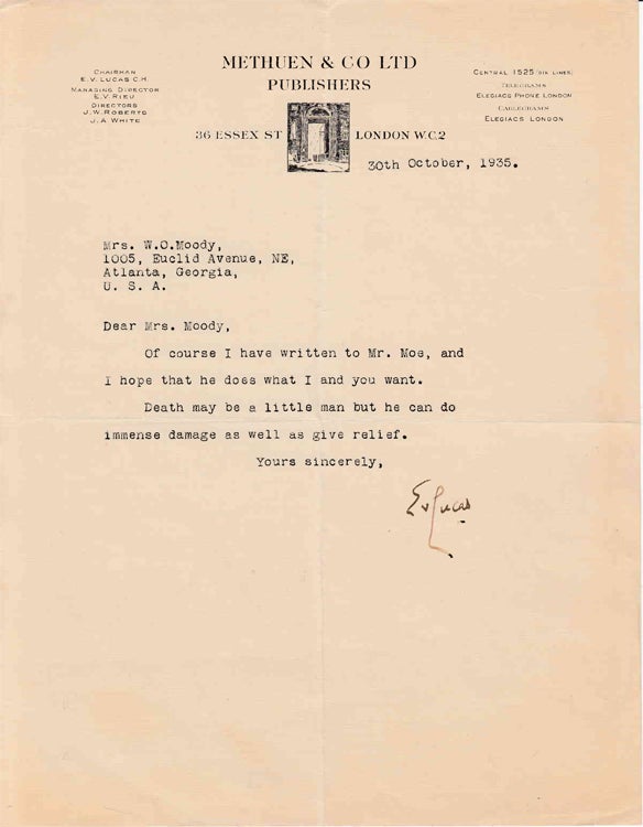 Item #311194 Typed Autograph Letter Signed "E.V. Lucas" (Edward Verrall Lucas) to "Mrs. Moody" (Minnie Hite Moody). British Popular Literature, E. V. Lucas.