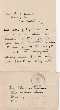 Item #311196 Autograph Letter Signed "Henry van Dyke" to 'Dear Brother" (Rev. Thomas H. Lembach)...