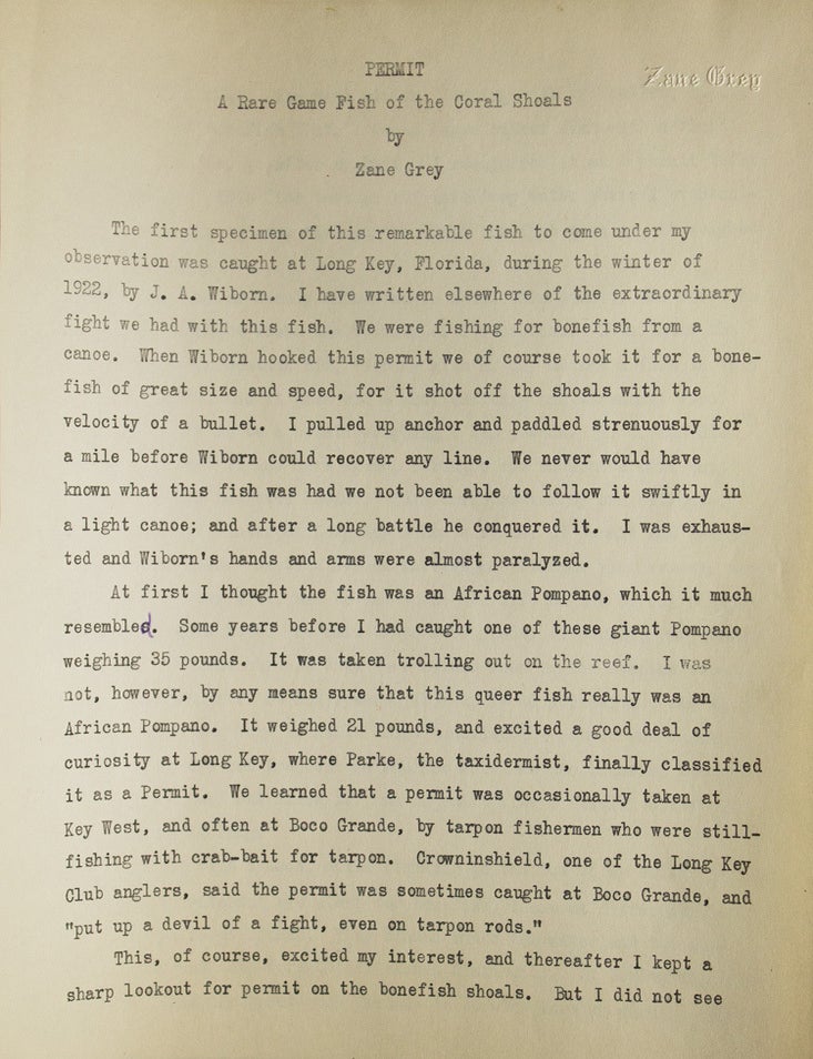 “Permit: A Rare Game Fish of the Coral Shoals”: Typescript, with annotations in Grey's hand