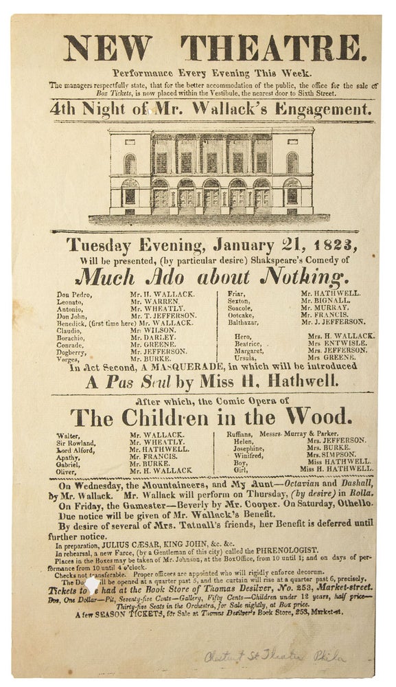 Item #311564 New Theatre ... Tuesday Evening, January 21, 1823, Will be presented, (by particular desire) Shakspeare's Comedy of Much Ado about Nothing. William Shakespeare.