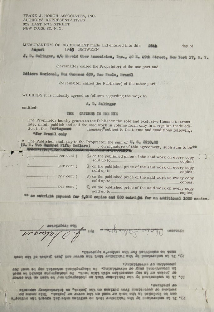 Item #311577 Contract signed ("J.D. Salinger"), granting Portuguese-language publishing rights for The Catcher in the Rye to Editora Nacional (São Paulo). J. D. Salinger.