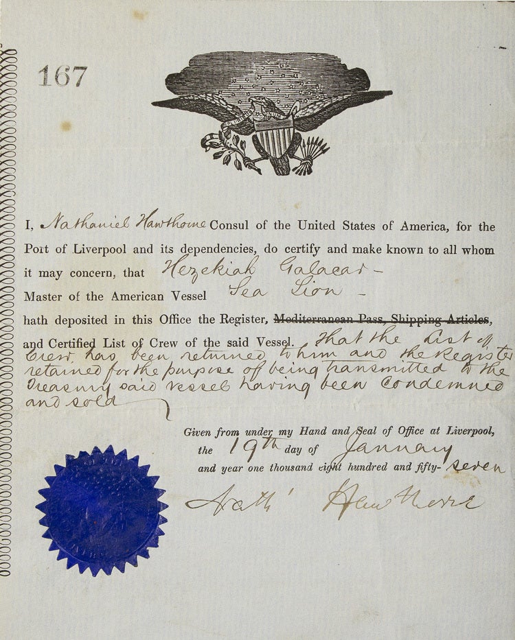 Document Signed ("Nath' Hawthorne"), in his role as Consul of the United States at Liverpool, concerning the sale of the American ship Sea Lion