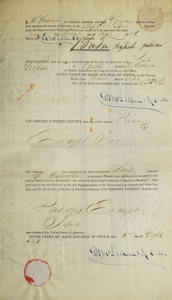 Document Signed ("Nath' Hawthorne"), in his role as Consul of the United States at Liverpool, concerning the sale of the American ship Sea Lion