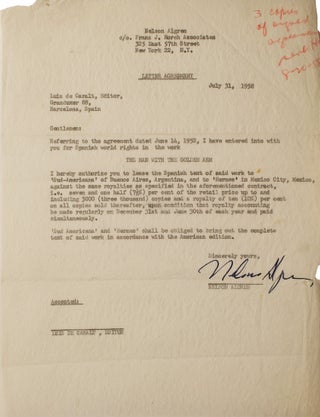 Item #311837 Typed agreement signed ("Nelson Algreen"), regarding rights for a Spanish...
