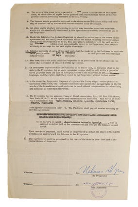 Item #311841 Contract signed "Nelson Algren", for a Slovene language edition of Never...