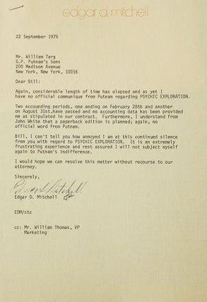 Item #311865 A pair of typed letters signed ("Edgar D Mitchell" and "Ed M"), to Putnam's editor...