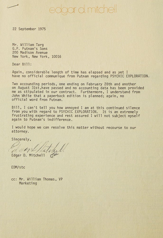 A pair of typed letters signed ("Edgar D Mitchell" and "Ed M"), to Putnam's editor William Targ, relating to his 1974 book Psychic Exploration