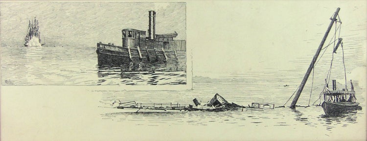 Item #311866 Original Illustraton "Wreck of the U.S. Coast Survey Schooner Silliman by A 55 Lb. Shell from the pneumtaic Dynamite Gun Sept. 20th, 1887. Isaac Walton Taber.