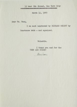 Item #311868 Typed note signed ("Marianne") to Putnam's editor William Targ. Marianne Moore