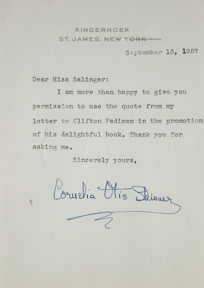 Item #311899 Typed letter signed ("Cornelia Otis Skinner") to a Miss Salinger. Cornelia Otis Skinner.