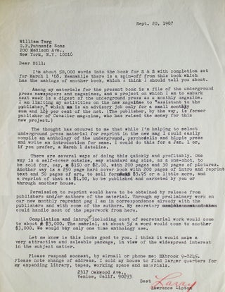 Item #311900 Typed letter signed ("Larry"), to editor William Targ at Putnam's. Lawrence Lipton