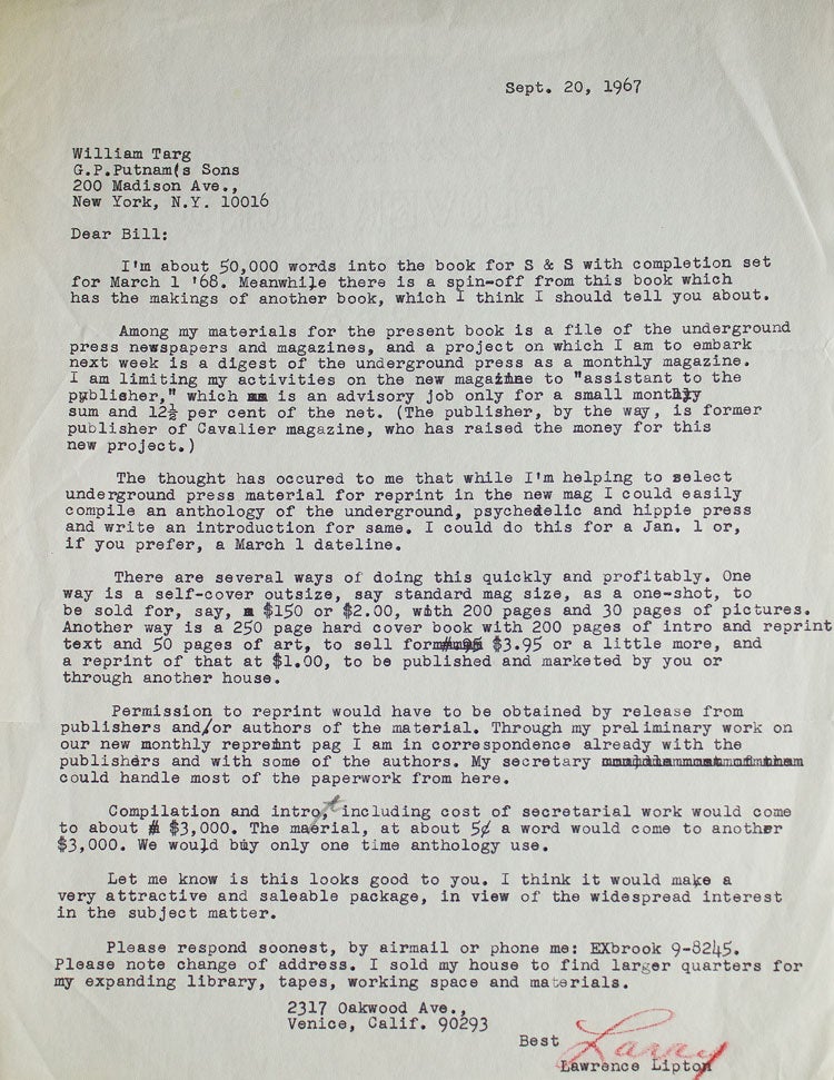 Item #311900 Typed letter signed ("Larry"), to editor William Targ at Putnam's. Lawrence Lipton.