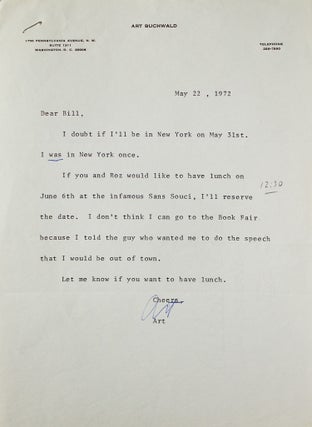Item #311901 Typed note signed ("Art"), to Putnam's editor William Targ, arranging a lunch date....