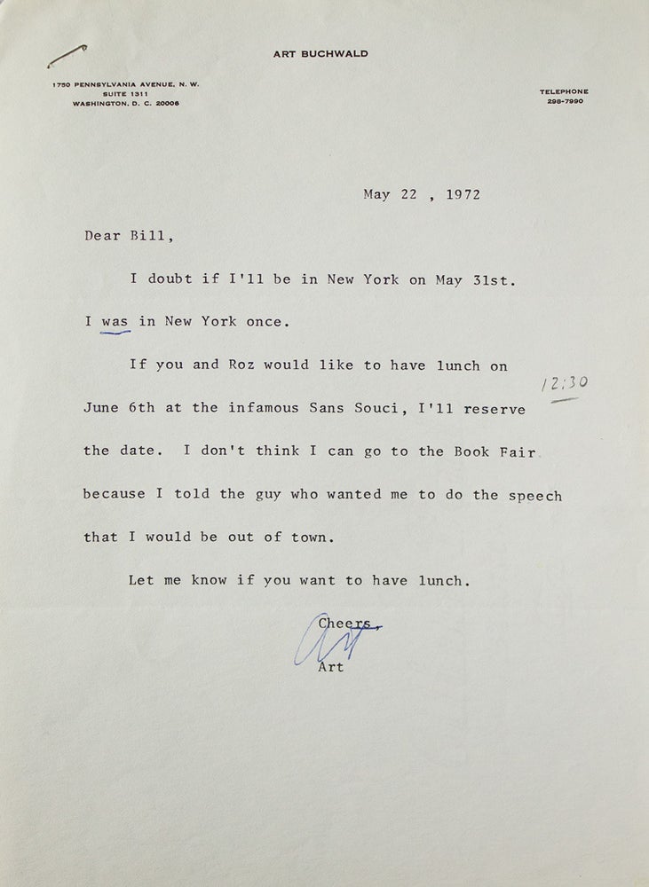 Item #311901 Typed note signed ("Art"), to Putnam's editor William Targ, arranging a lunch date. Art Buchwald.