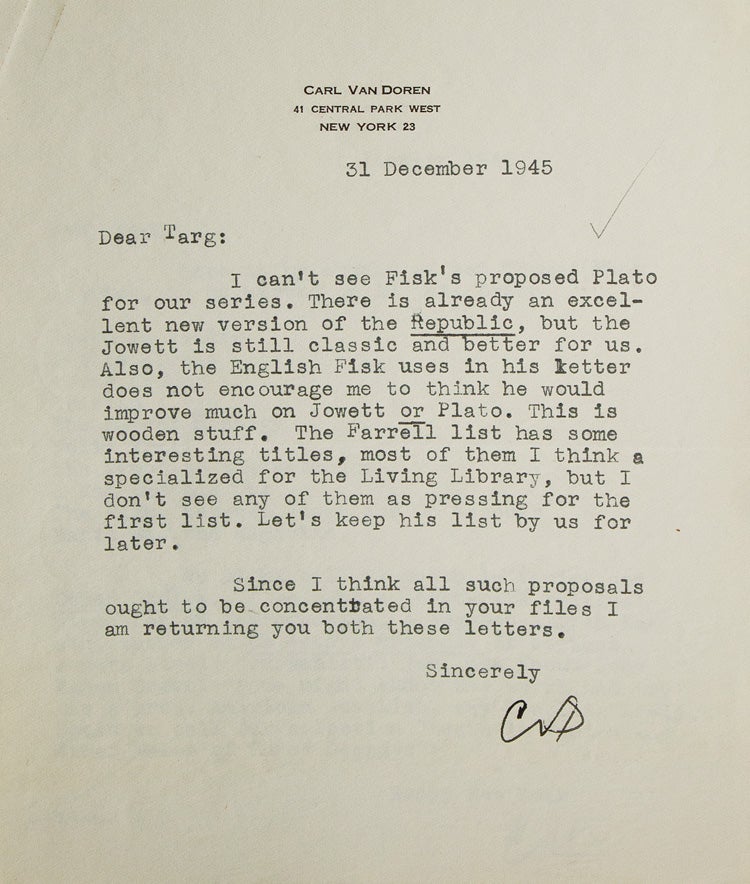 Item #311906 A collection of 12 typed letters signed ("Carl" and "CVD"), to World Publishing editor-in-chief William Targ. Carl Van Doren.