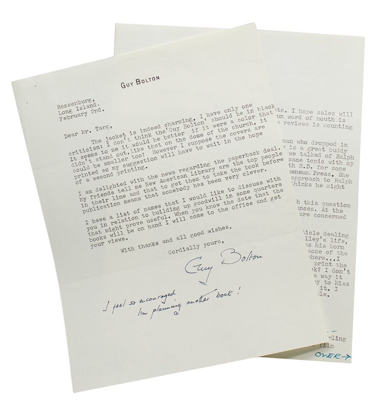 Item #311907 2 typed letters signed ("Guy Bolton") to World Publishing editor William Targ. Guy Bolton.