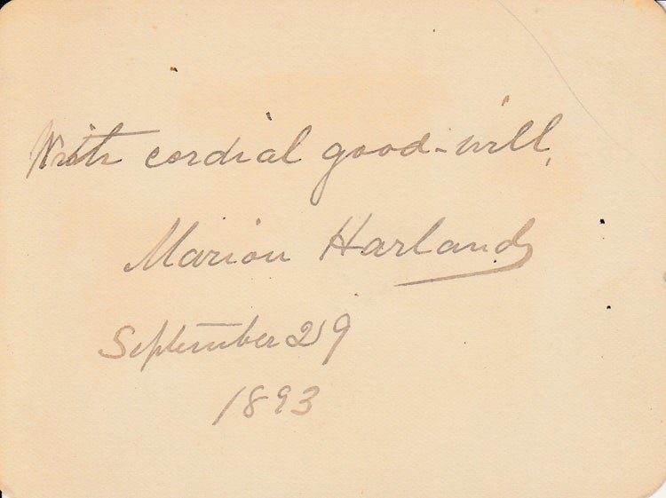 Item #311945 Autograph card signed ("Marion Harland") "With cordial good-will" Marion Harland.