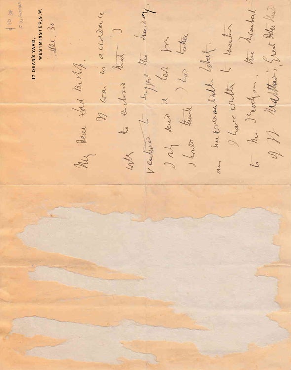 Autograph letter signed ("FW Farrar") to ("Lord Bishop")
