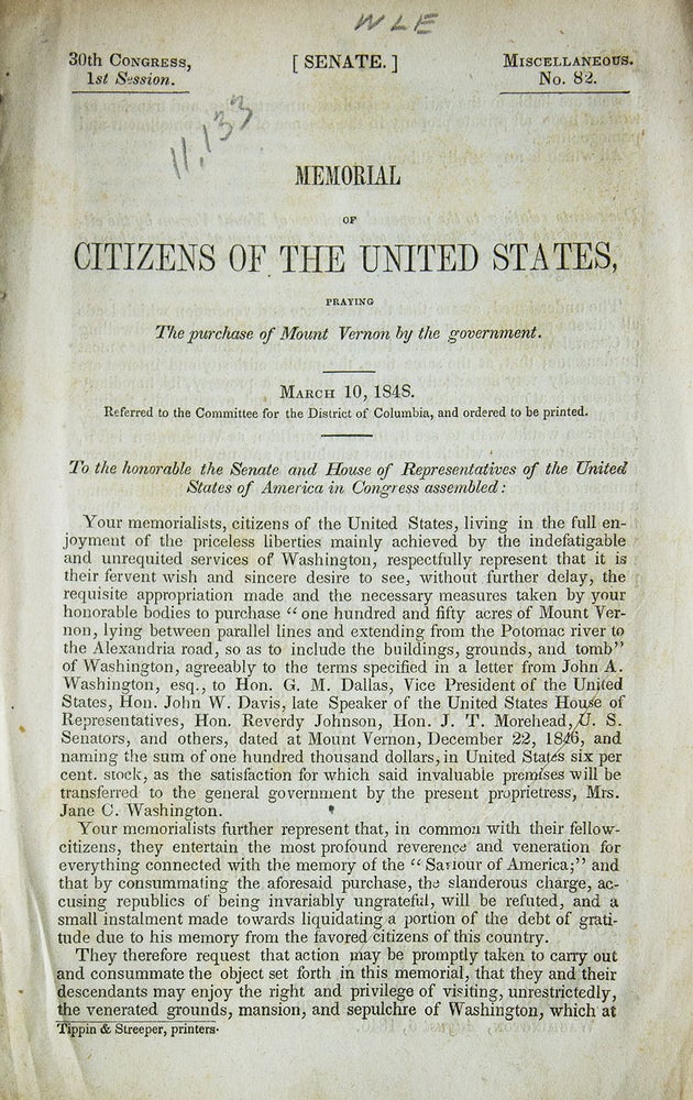 Item #313070 Memorial of Citizens of the United States, praying The Purchase of Mount Vernon by the government. Mount Vernon.
