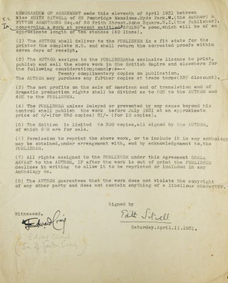 Item #313117 Memorandum of Agreement between author Edith Sitwell and Fytton Armstrong, Publisher...