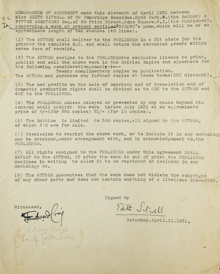 Item #313117 Memorandum of Agreement between author Edith Sitwell and Fytton Armstrong, Publisher for a work at present called "Spring" with initialed note changing title to "In Spring." Edith Sitwell.