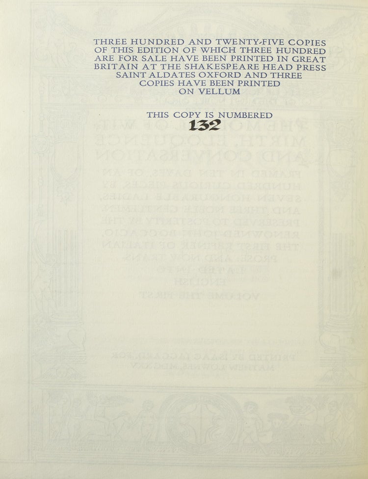 Boccaccio's Decameron.The Modell of Wit, Mirth, Eloquence and Conversation framed in Ten Dayes of an hundred curious pieces, by seven honourable ladies, and three noble gentlemen