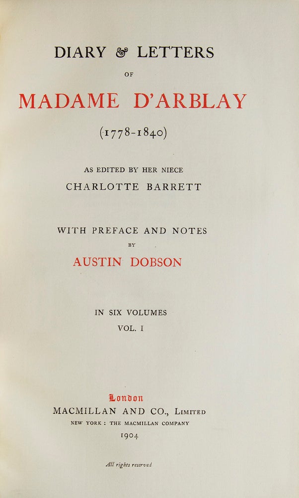 Diary and Letters of Madame d'Arblay, (1778-1840)