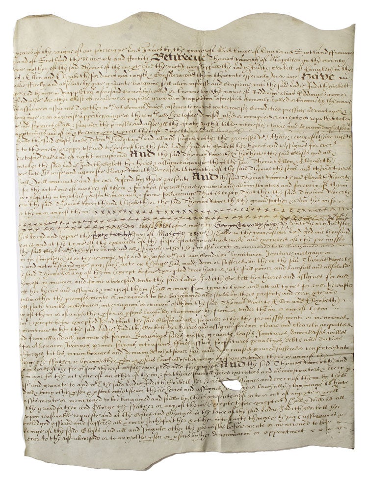 Indenture in English between Thomas Taworth of Mappleton, Anne his wife and Lady Judith Corbett of Langley