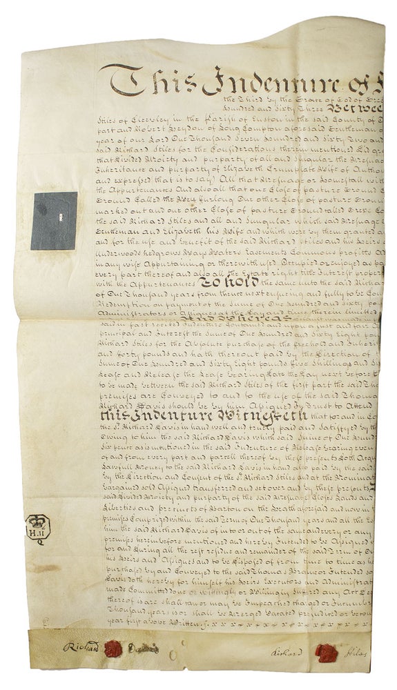 Item #313288 Manuscript indenture between Richard Stiles and Richard Davis related to land tenure. Richard Stiles.
