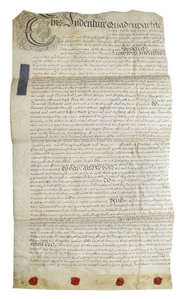 Item #313291 Manuscript quadrupartite indenture on parchment related to a marriage settlement....