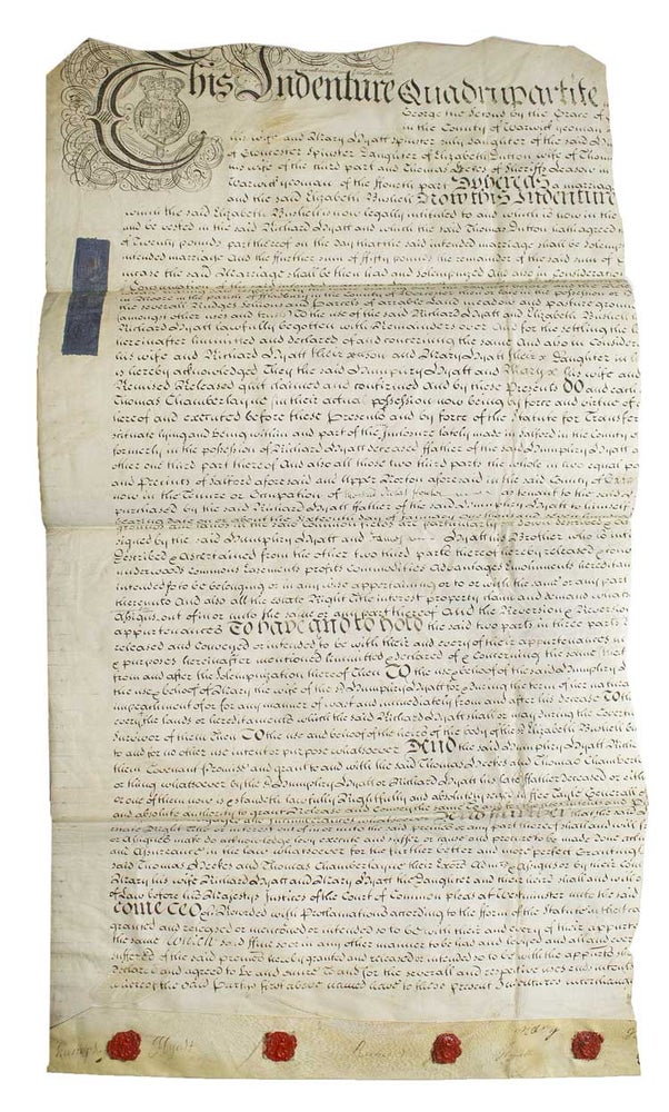 Item #313291 Manuscript quadrupartite indenture on parchment related to a marriage settlement. Richard Hyatt.