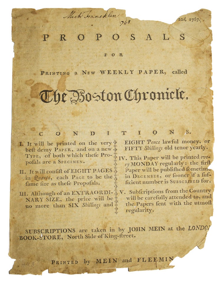 Item #313300 Proposals for Printing a New Weekly Paper, called The Boston Chronicle. Boston Chronicle.